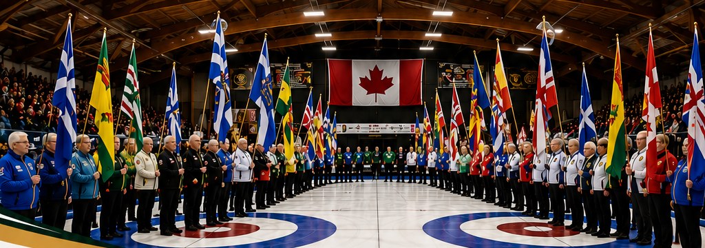 Opening ceremony with provincial flags surrounding the ice at the Canadian Masters Curling Championship